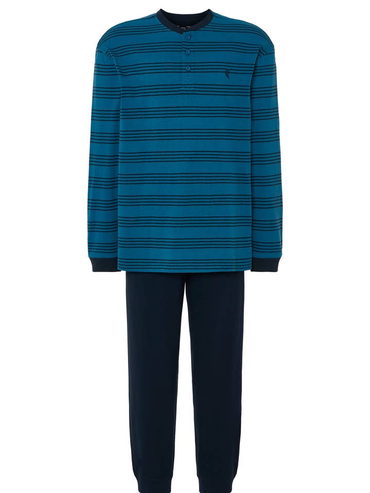 Men's Long Cotton Striped Pajamas - Blue 5596 for wholesale by El Búho Nocturno