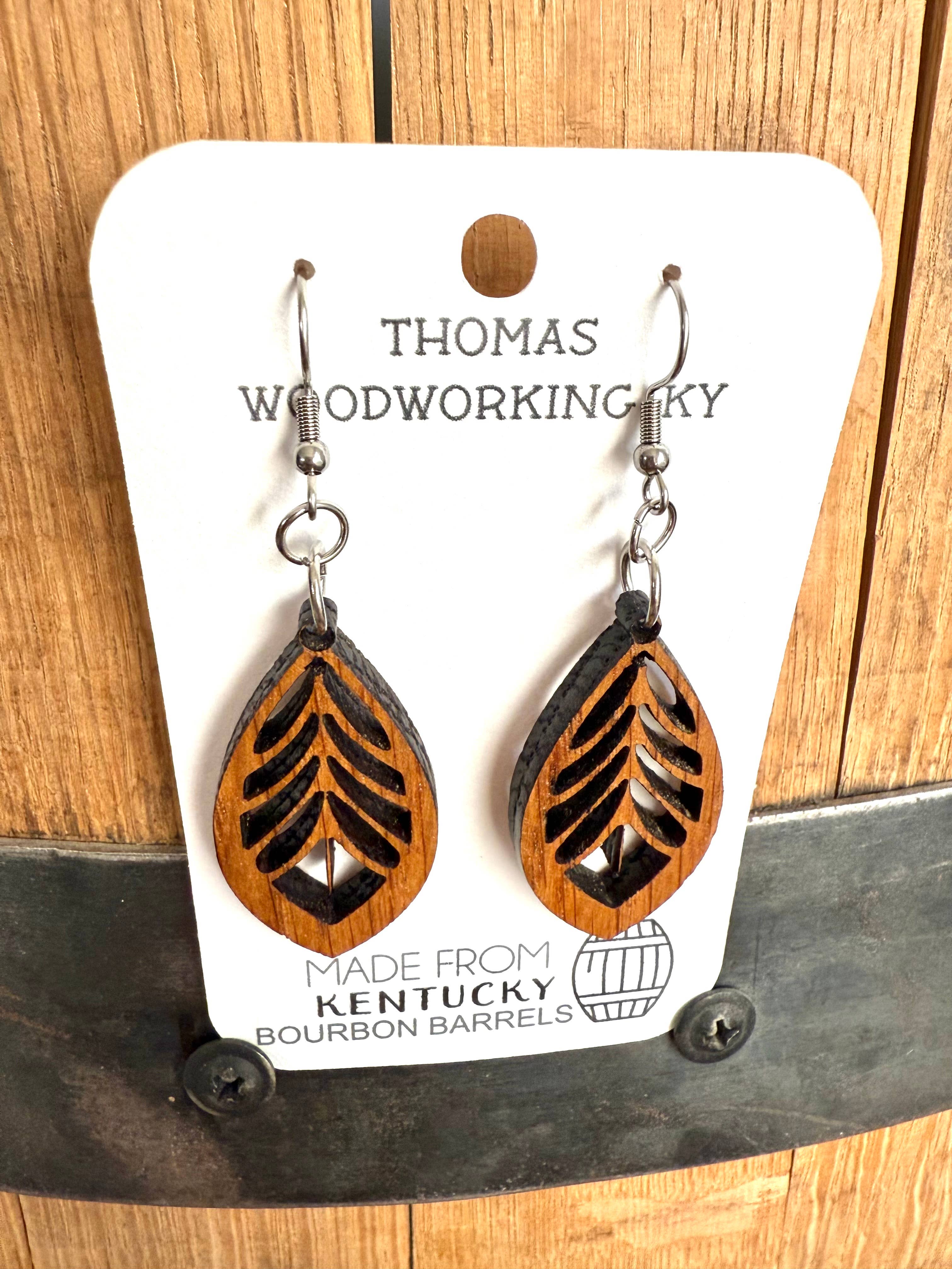 Brown Wood Bohemian Earrings made from bourbon whiskey barrels. for wholesale on Faire3