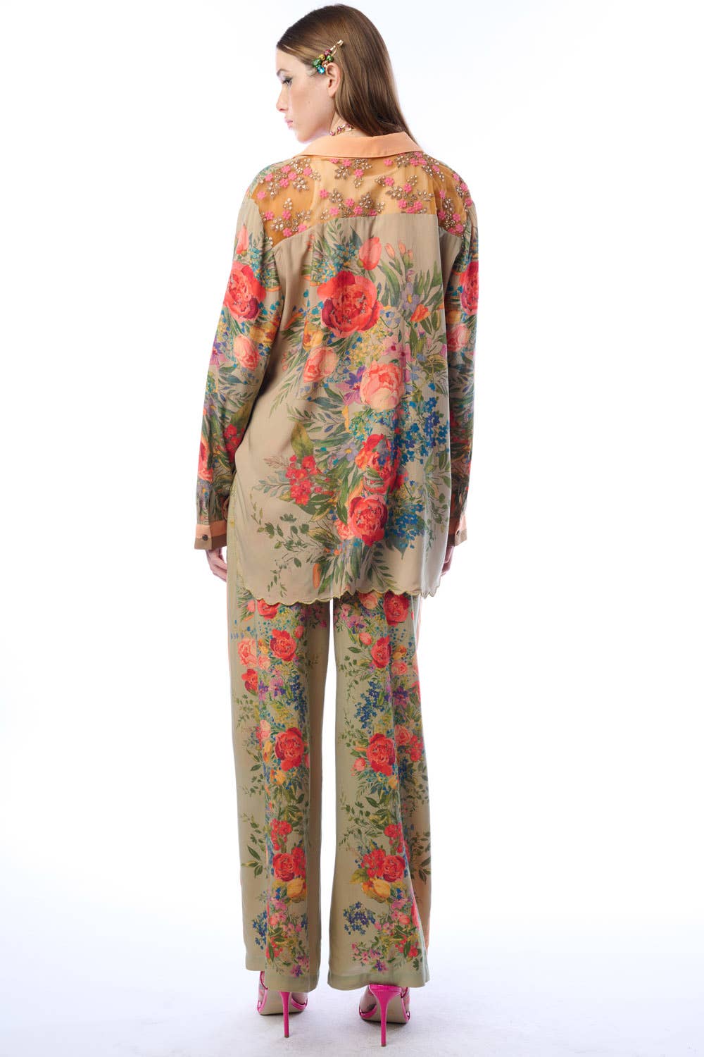 Vintage-Smaragd Roma-Hemd | Florales Button-Down-Hemd | Pailletten-Mesh-Detail für den Großhandel auf Faire4