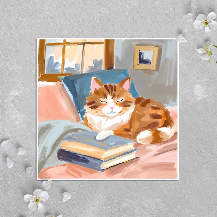 Cat-Themed Card: Bookworm Kitty Sleeping for Book Lovers for wholesale by KalooMoon Art