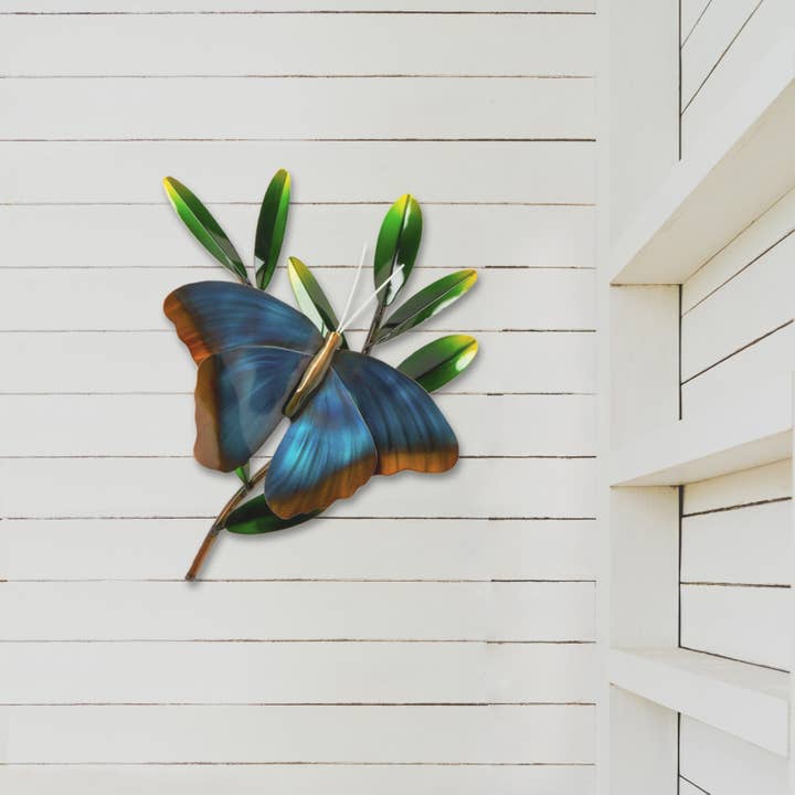 Copper Art - Wholesale Wall Accent - Blue Morpho Butterfly on Branch (Stainless Steel/Outside)