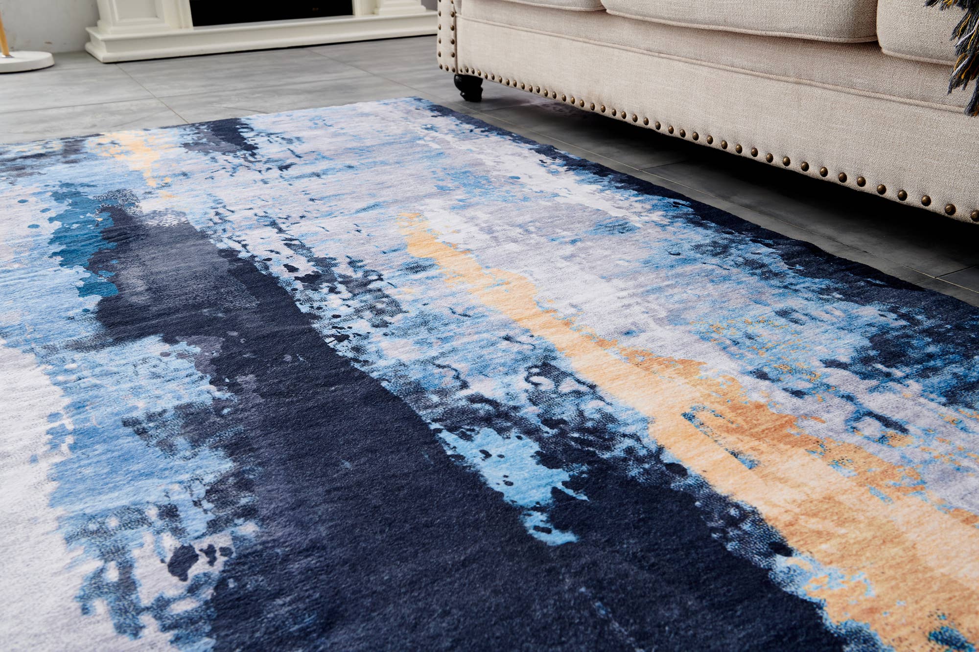 Amazing Rugs – Großhandel Teppichvorleger – Zara Abstract Design, maschinenwaschbar, grau/blau-gelber Bereich1