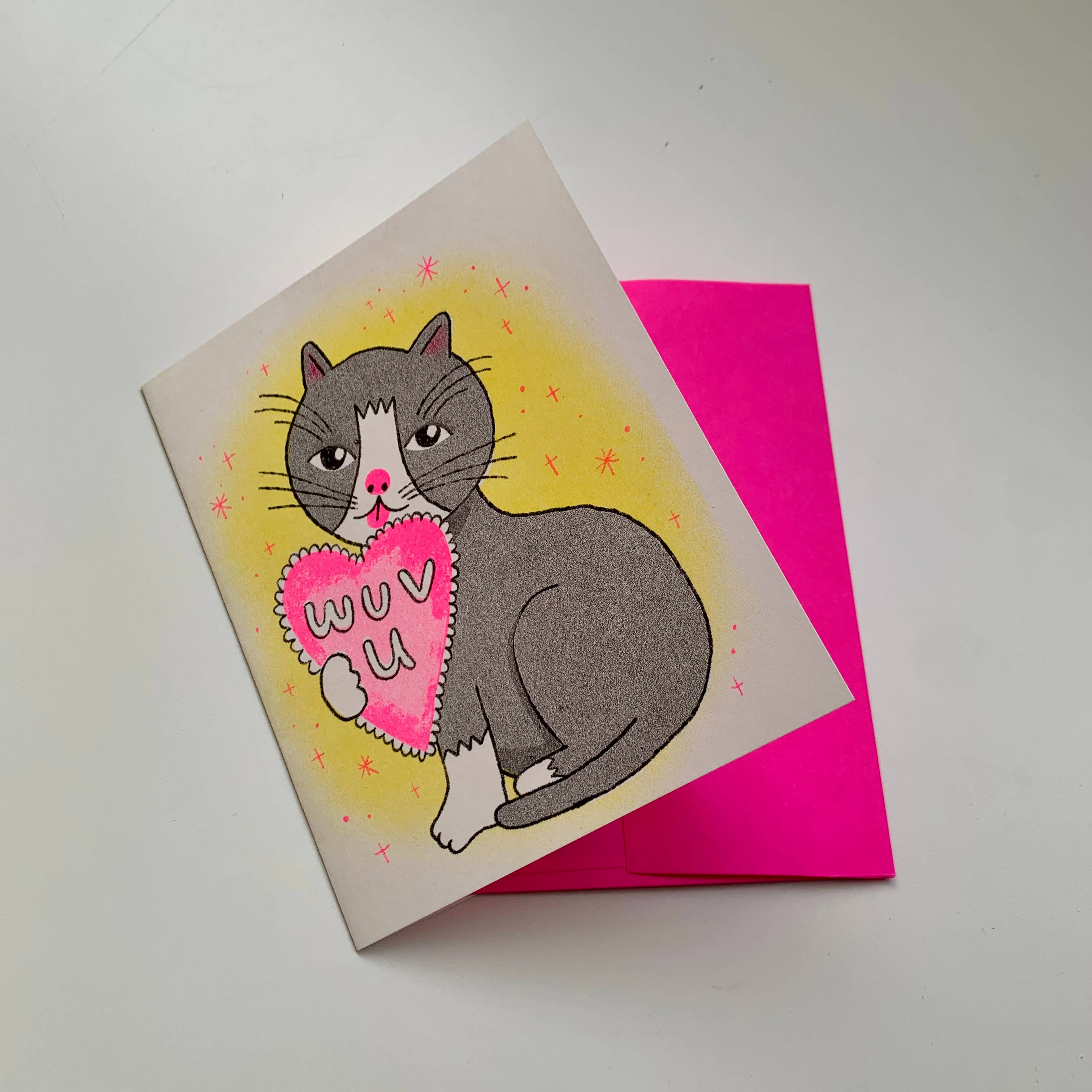 Lili Todd Art - Wholesale Friendship Card - Wuv You Kitty Risograph Greeting Card – Valentine’s Day Cat 3