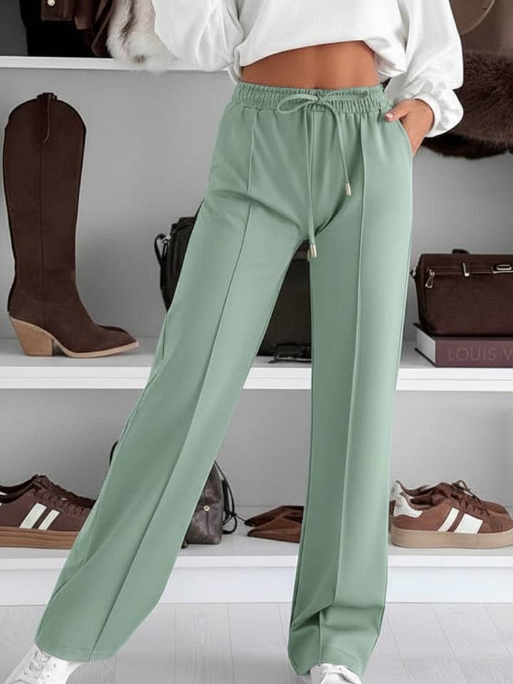 Pantalones de Pierna Ancha con Cintura Elástica, Cordón y Bolsillos Sarah - Salvia para venta al por mayor de Catwalk Wholesale