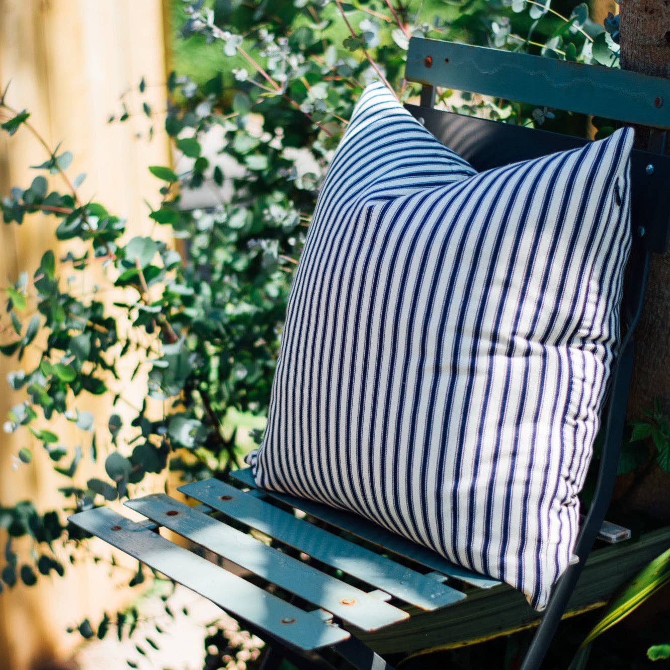 Helen Round - hand printed linen (US Duties Paid) – wholesale Chair cushion – Navy Blue Striped Cotton Ticking Cushion1