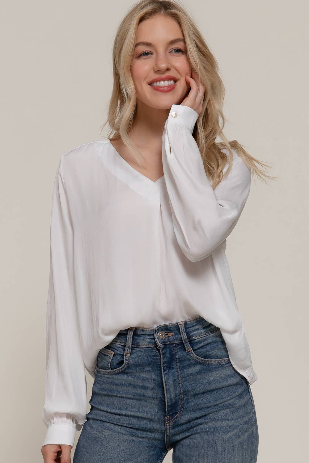 Active Basic | Active USA - Wholesale Blouse - Women's - Long Sleeve V-Neck with Pleats Satin Blouse4