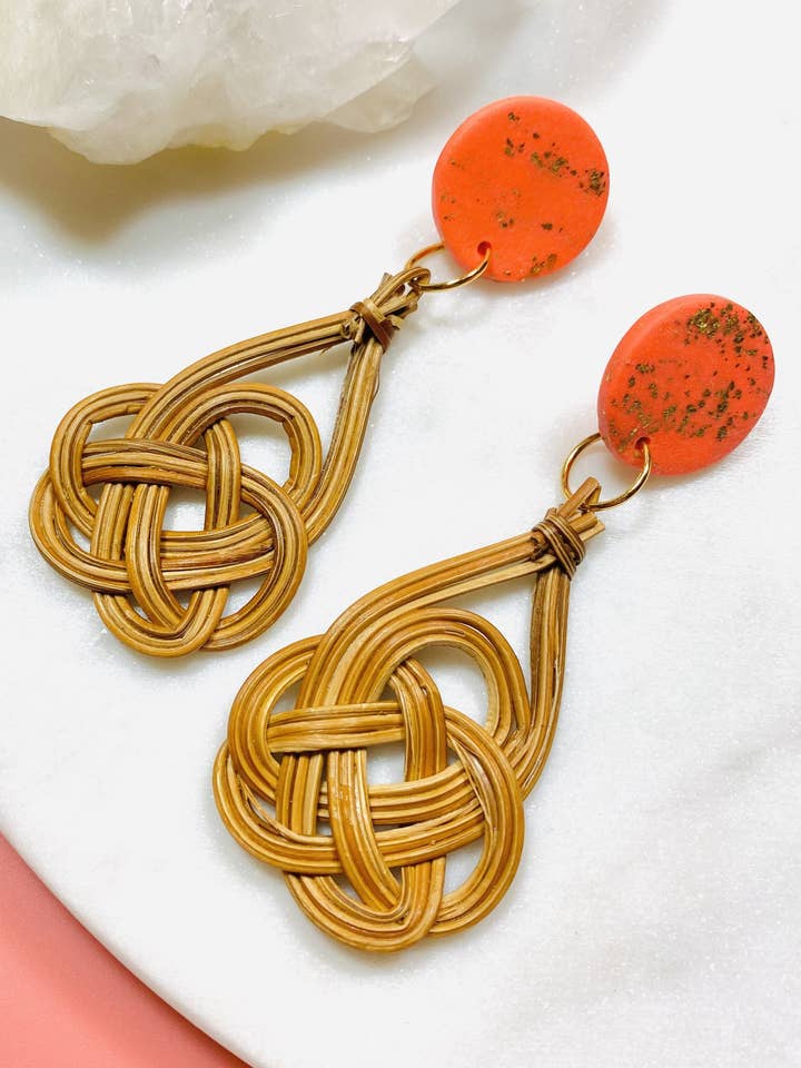 Coral Stud & Rattan Dangle Earrings for wholesale by Maple + Love