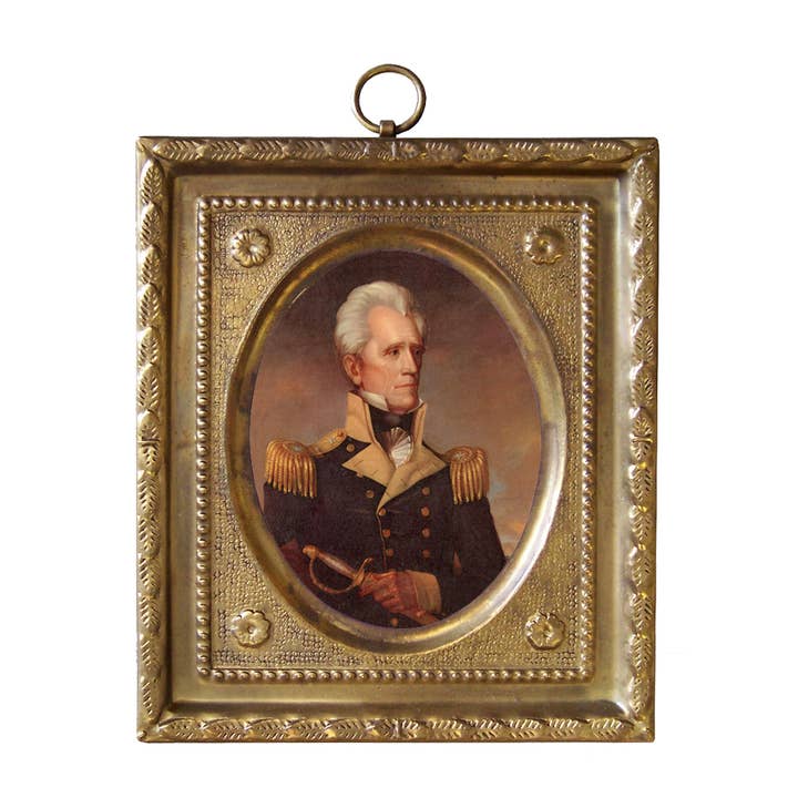 Andrew Jackson Vintage Print in reliëf messing lijst, 4-1/2” voor wholesale door Madison Bay Co. - Historical Home Decor Reproductions