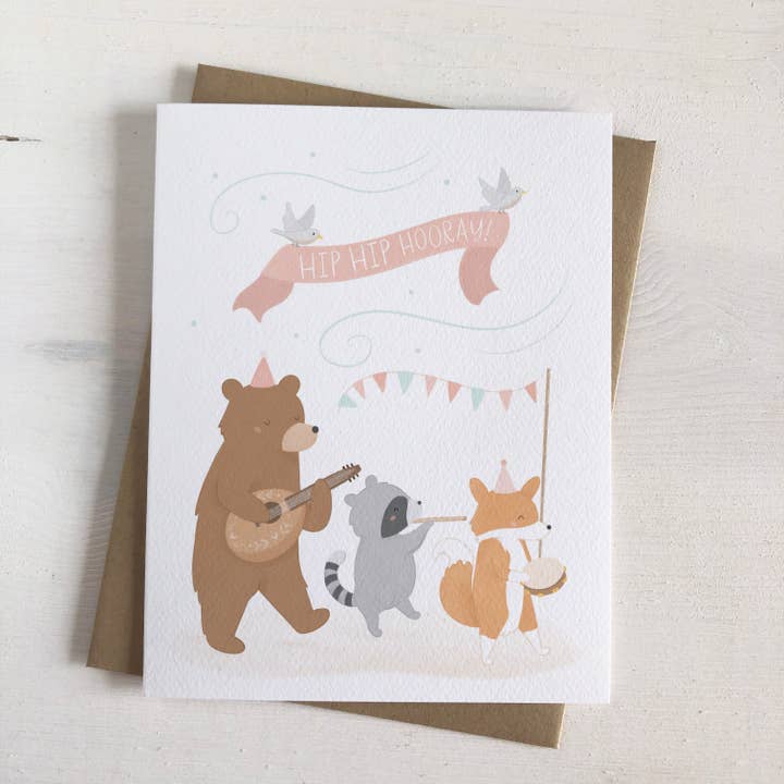 Hip Hip Hooray - Woodland Animal Parade Celebration Card for wholesale by Fabled Forest