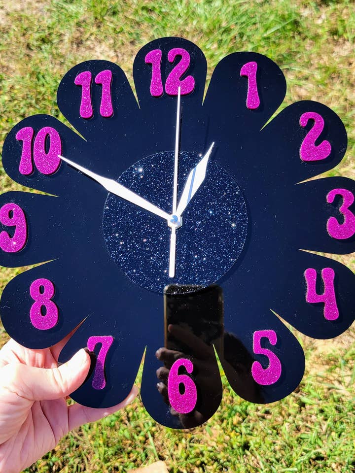 Black Glitter Daisy Wall Clock for wholesale by Shelfish Modern