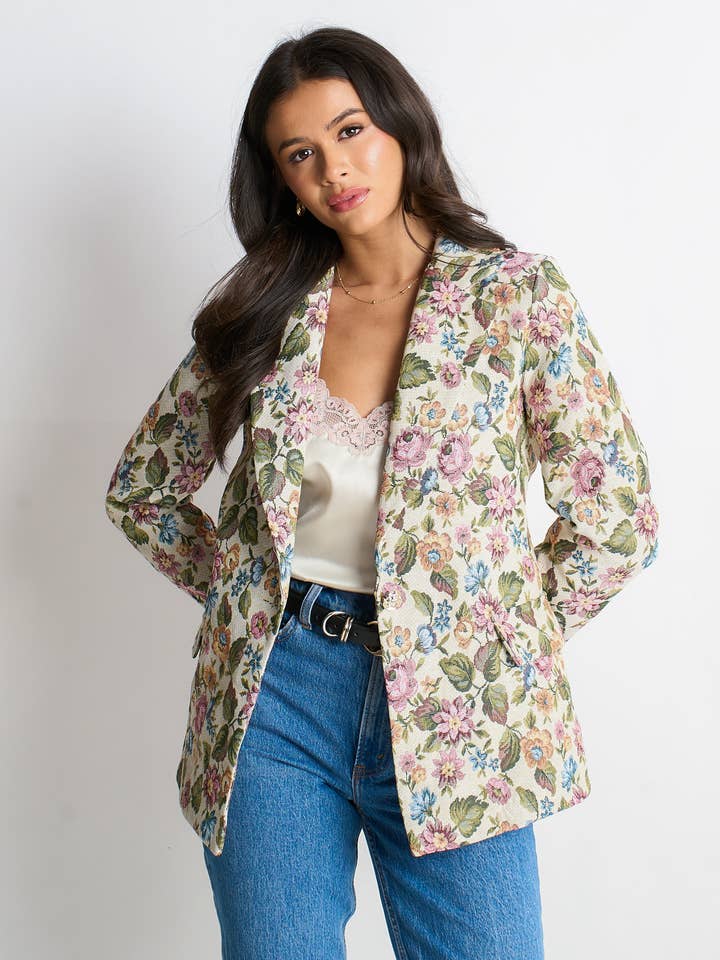 Beige Floral Jacquard Tailored Jacket for wholesale by GINI LONDON