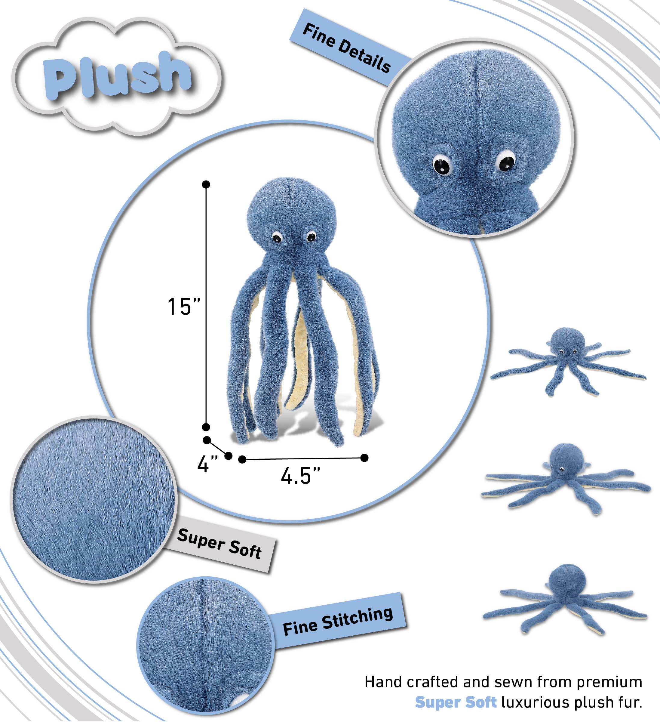Cota Global – Engroshandel Plyslegetøj - Børn og baby – Super-blød plys - Blæksprutte blå 15"2