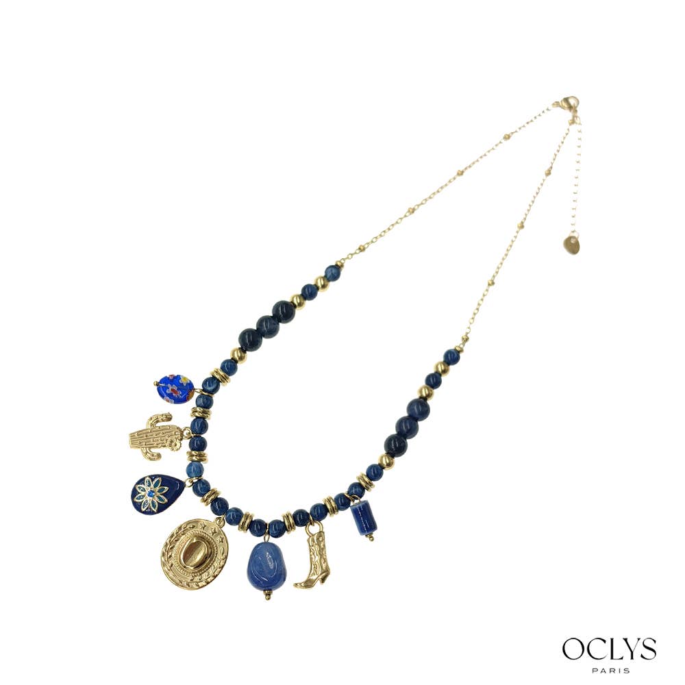 Oclys - Wholesale Pendant/Charm Necklace - Resin pearl necklace with cowboy charms in gold stainless steel4