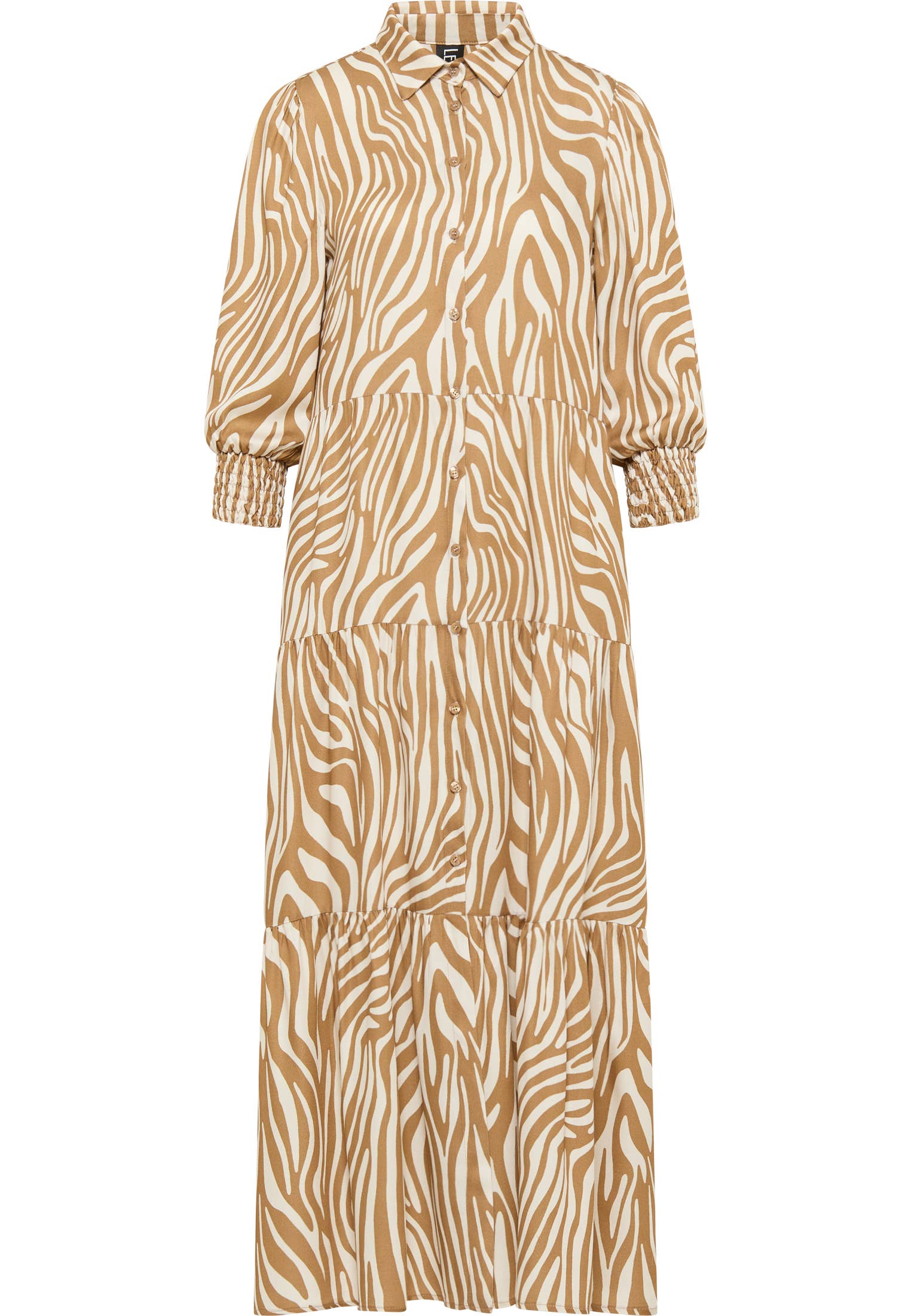 LES BLONDINETTES – wholesale Dress – Women's – CLEMENTINE - Camel 3/4 Sleeve Zebra Zebra Long Shirt Dress2