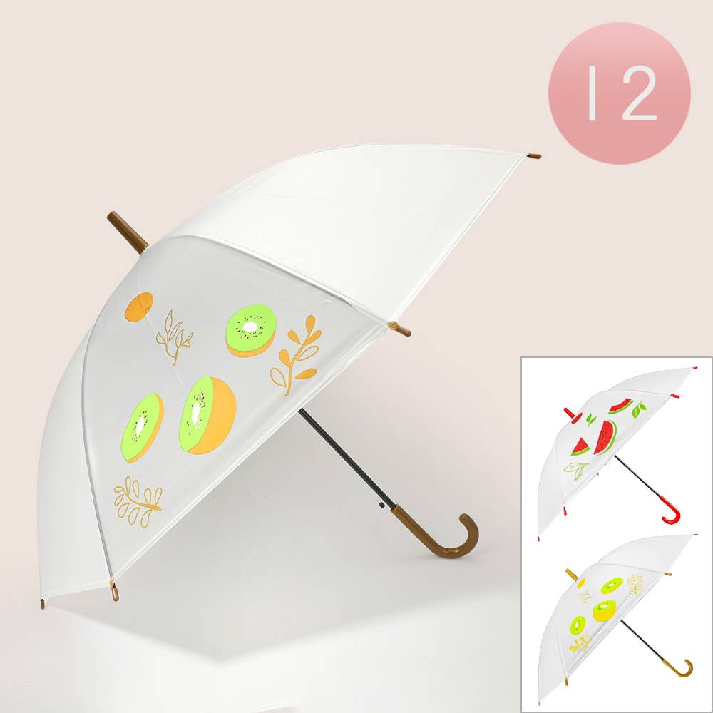 Sensibling Corp. - Wholesale Umbrella - Women's - 12PCS - Fruit Printed Accent Optic Transparent Wooden Handle Umbrellas0