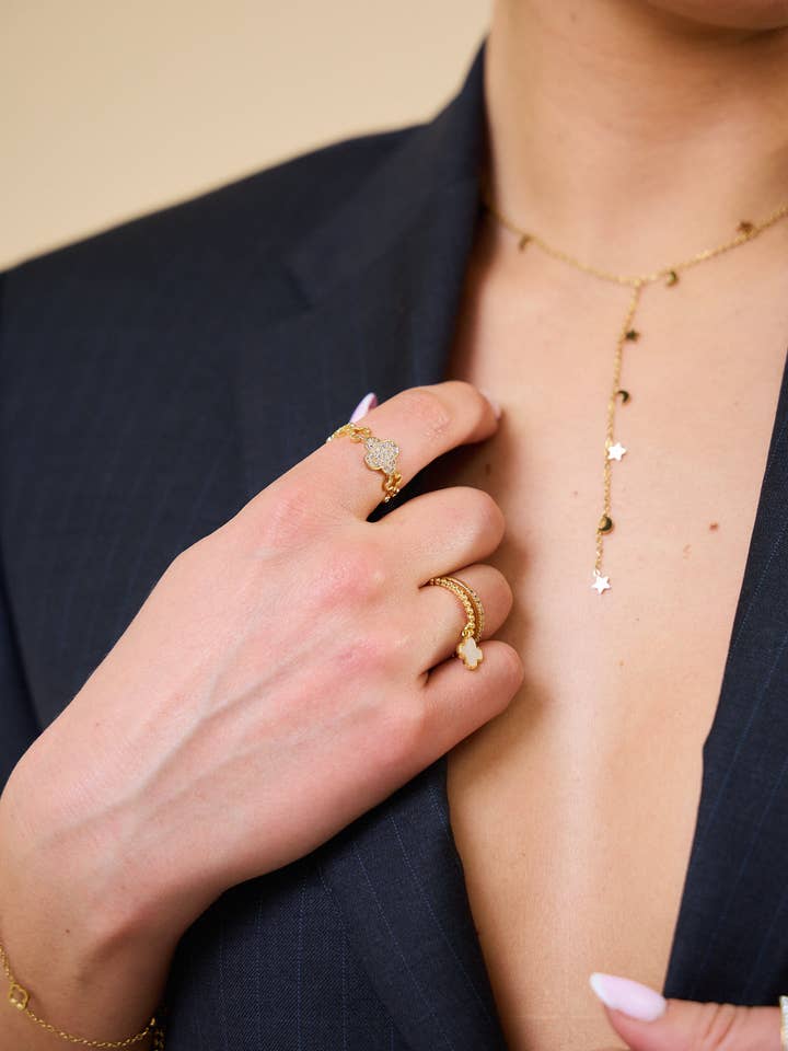 Adjustable Clover Rhinestone Ring in Stainless Steel for wholesale by BELLISSIMA BIJOUX