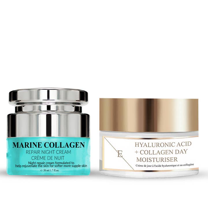Crème de jour à l'acide hyaluronique et au collagène 50ml + Crème de nuit au collagène marin 50ml pour la vente par ErthSkin London