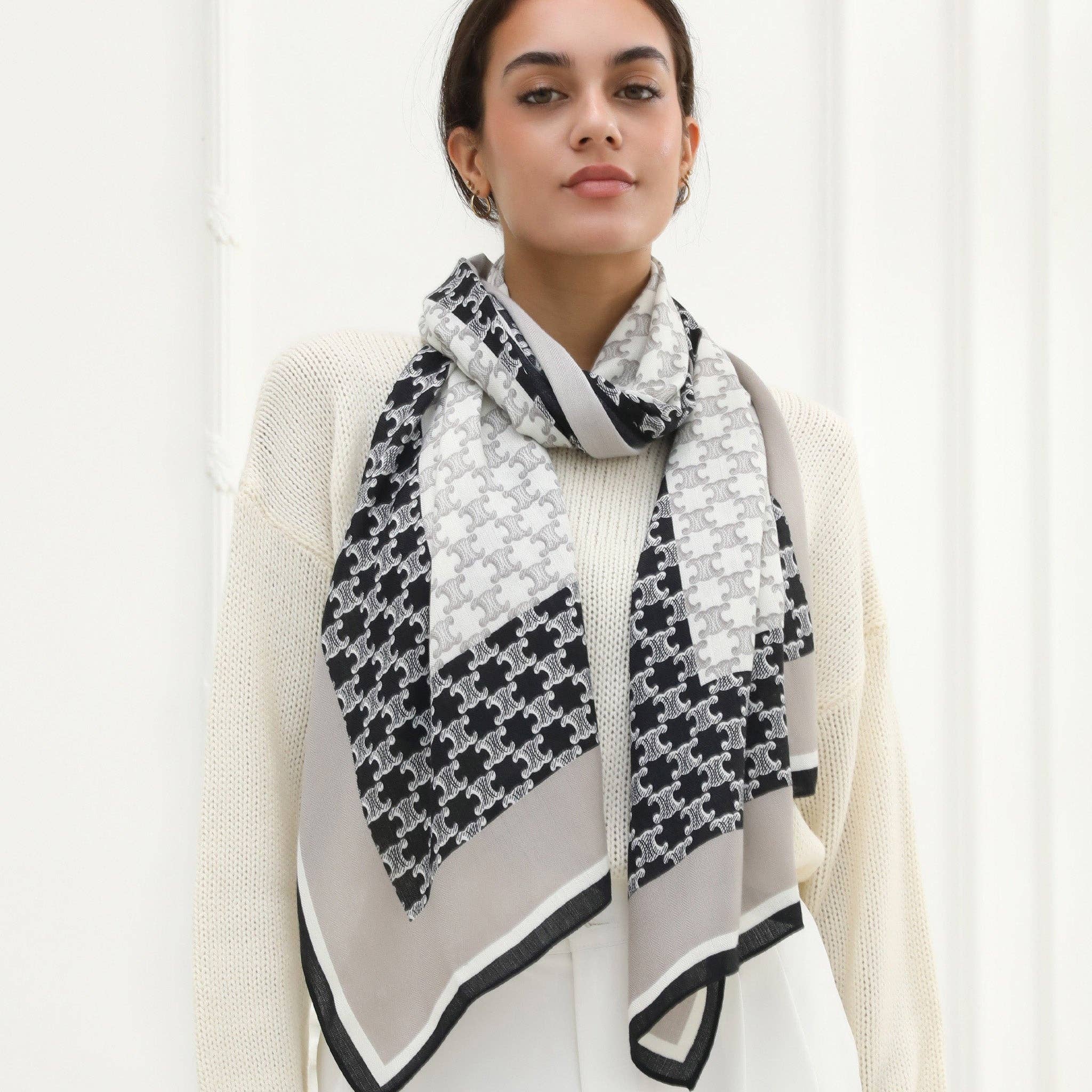 YOUZEY - Wholesale Scarf - Women's - The Poppy - Monochrome Black, Grey, White Faux Silk Scarf5