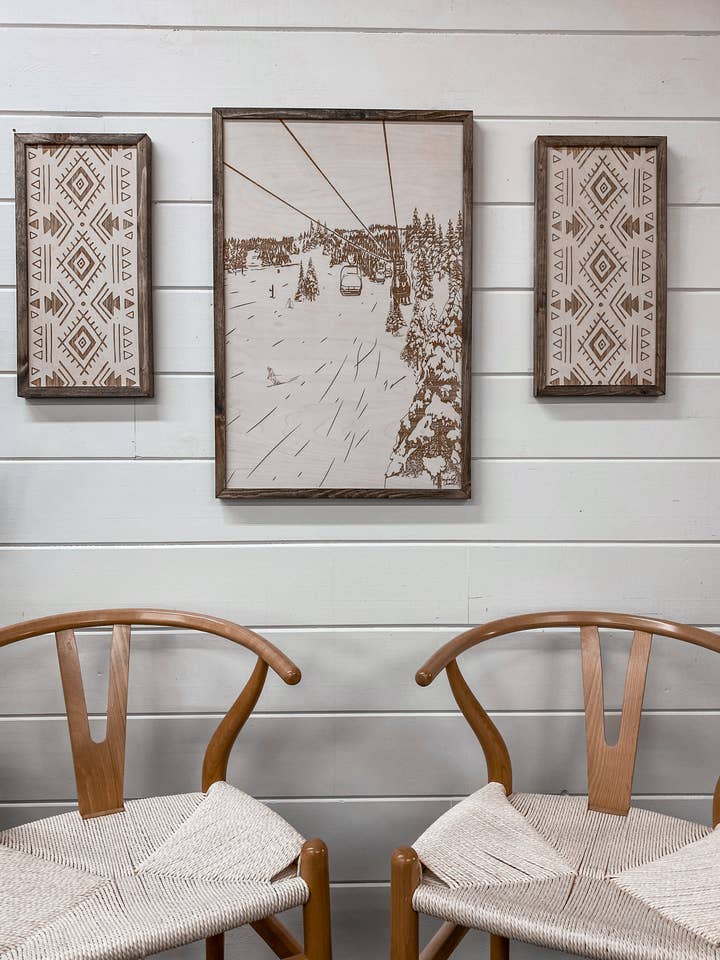 3 Piece Hand Sketched Mt. Bachelor Red Chair with Aztec Wood Artwork for wholesale by Birch and Home Handmade