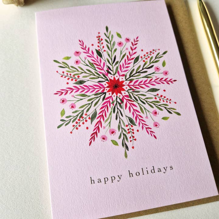 Anna Lau Art - Wholesale Season's Greetings Card - Floral Snowflake - Pink - A6 Holiday card2
