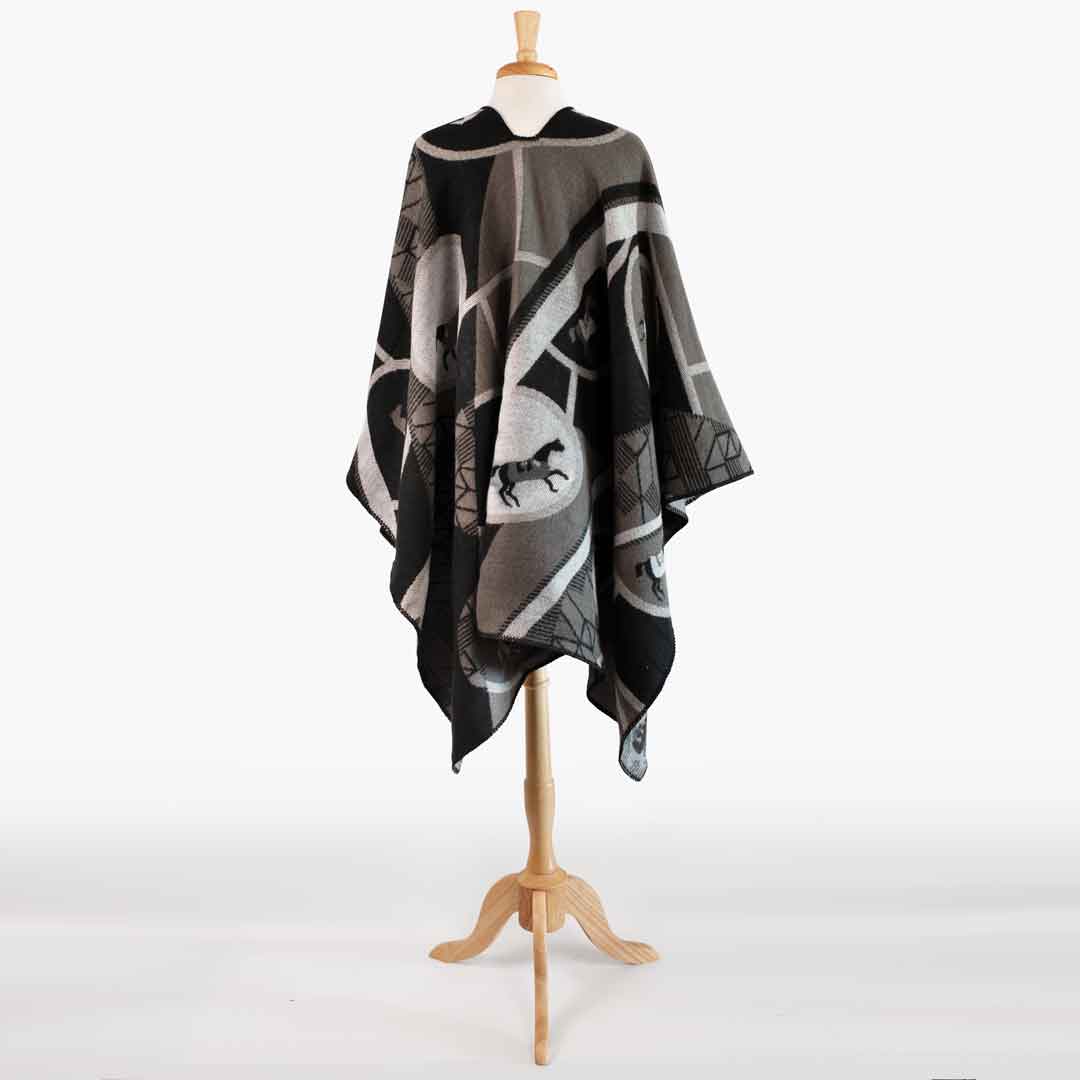 URBAN-EQUESTRIAN - Wholesale Wrap - Women's - Adina -  Equestrian Motif Shawl in Charcoal Wrap2