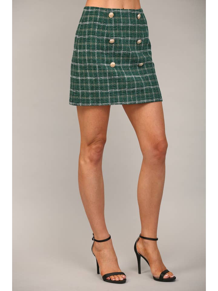 GREEN FRONT GOLD BUTTON TRIMMED LUREX MIXED TWEED SKIRT FS50019 for wholesale on Faire