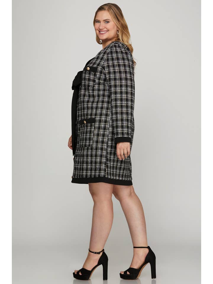 Peace Love Line - Wholesale Dress - Women's - PL4656 PLUS - BUTTON DOWN CONTRAST BOW TWEED DRESS