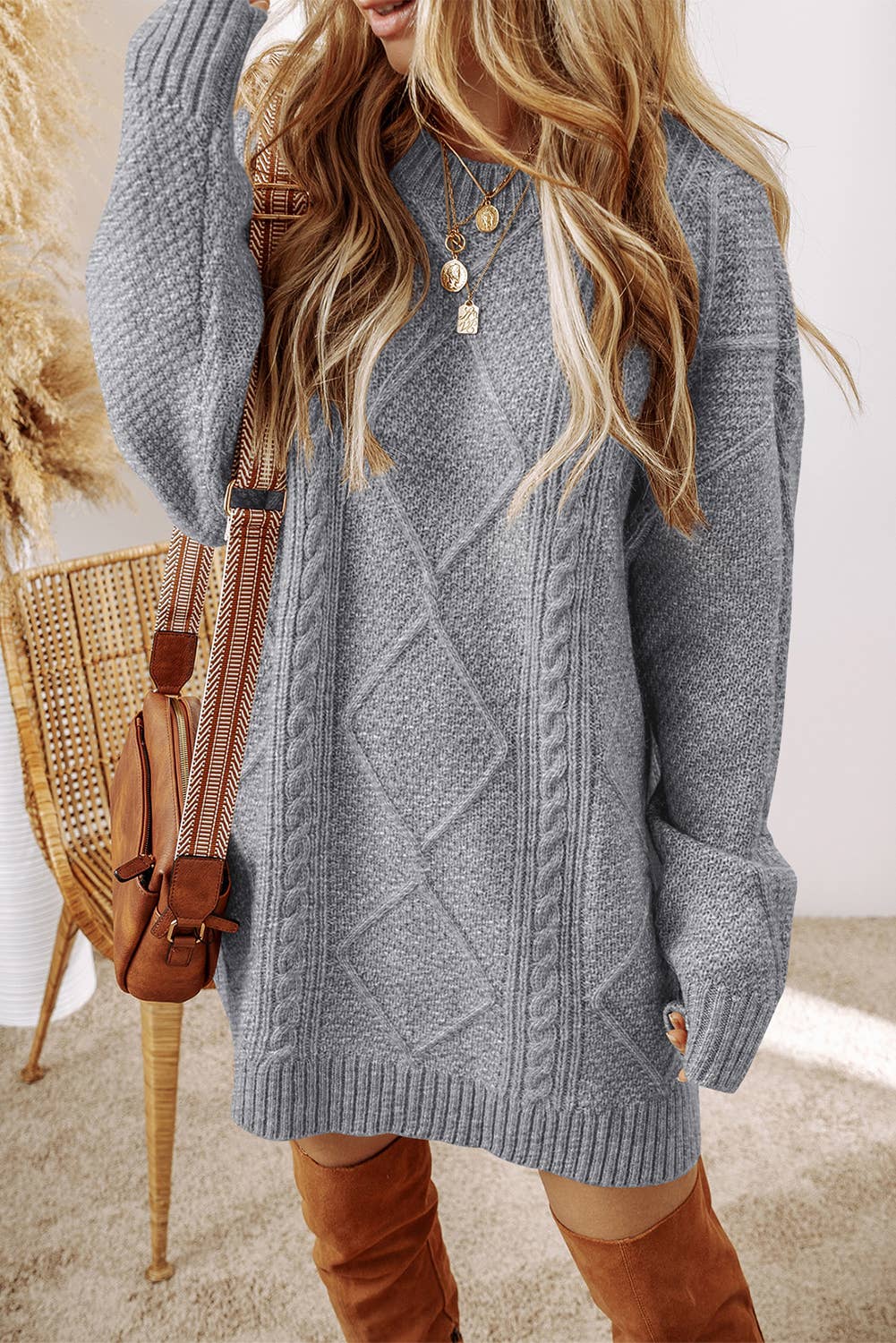 Little Daisy Closet - Wholesale Tunic Sweater - Women's - LDC Cable Knit Drop Shoulder Loose Fit Sweater Dress6