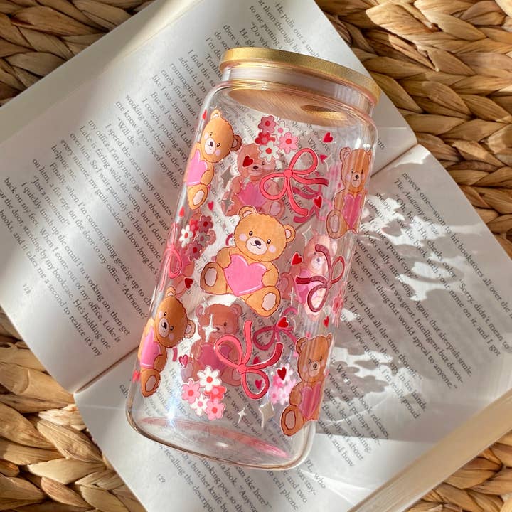 Bear Hearts Valentines Iced Coffee Glass Cup Lid and Straw for wholesale by Emilee on Crafts