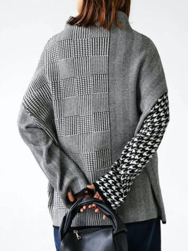 GRIJS Lange Mouwen Losse Houndstooth Ruit Hoge Hals Truien Tops voor groothandel op Faire2