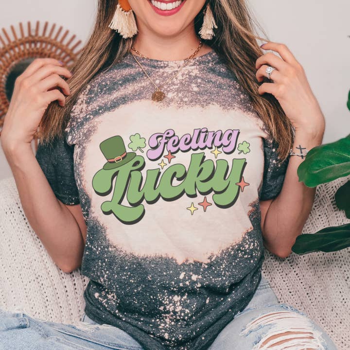 Feeling Lucky Graphic Bleached St Patricks Day Tee for wholesale by Londas Trendy Tees