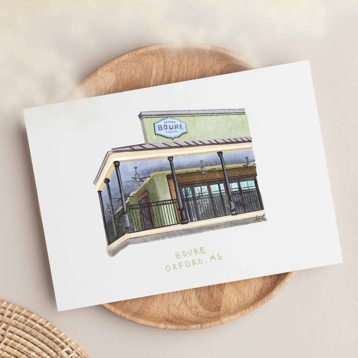 Boure Restaurant Oxford MS Watercolor Art Print for wholesale by Carper Creative Co.