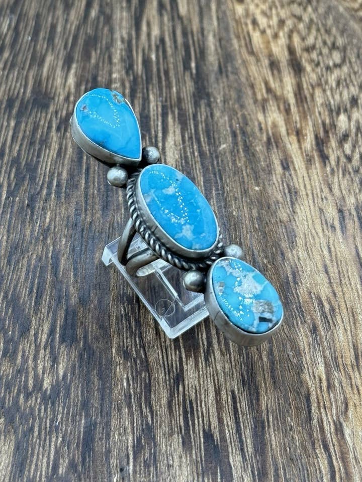 Navajo Handmade Sterling Silver Blue Bird Turquoise Cluster Ring Size 7 for wholesale by Native City Jewelry
