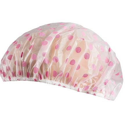 LS GROUP - Wholesale Showercap - White shower cap with pink polka dots
