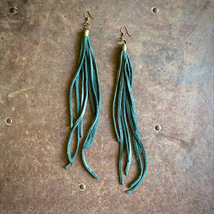ASTALI - Wholesale Tassel Earrings - Leather Tassel Earrings - Hunter Green, Long Boho Western