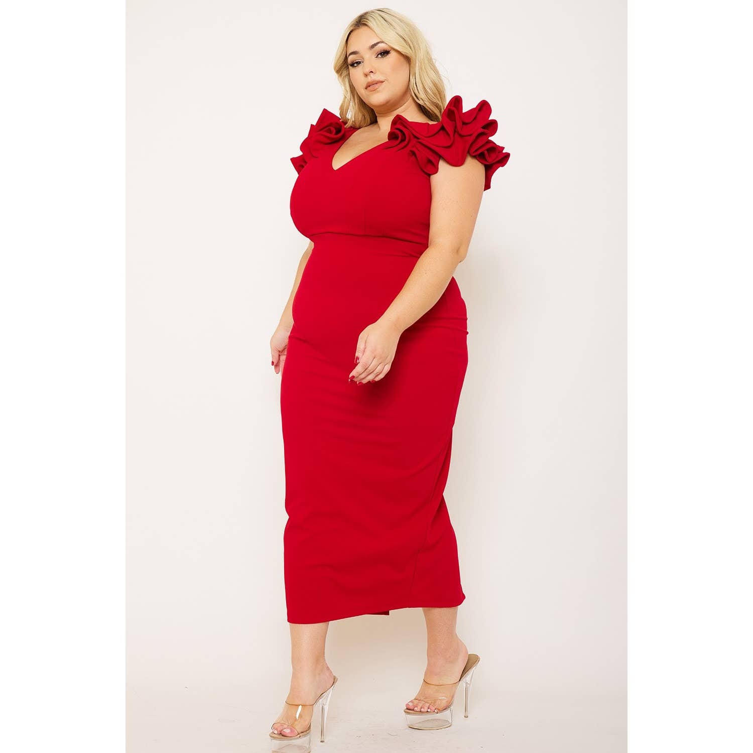 omgstyles - Wholesale Dress - Women's - PLUS SIZE RUFFLE DETAILSHOULDER MIDI DRESS5