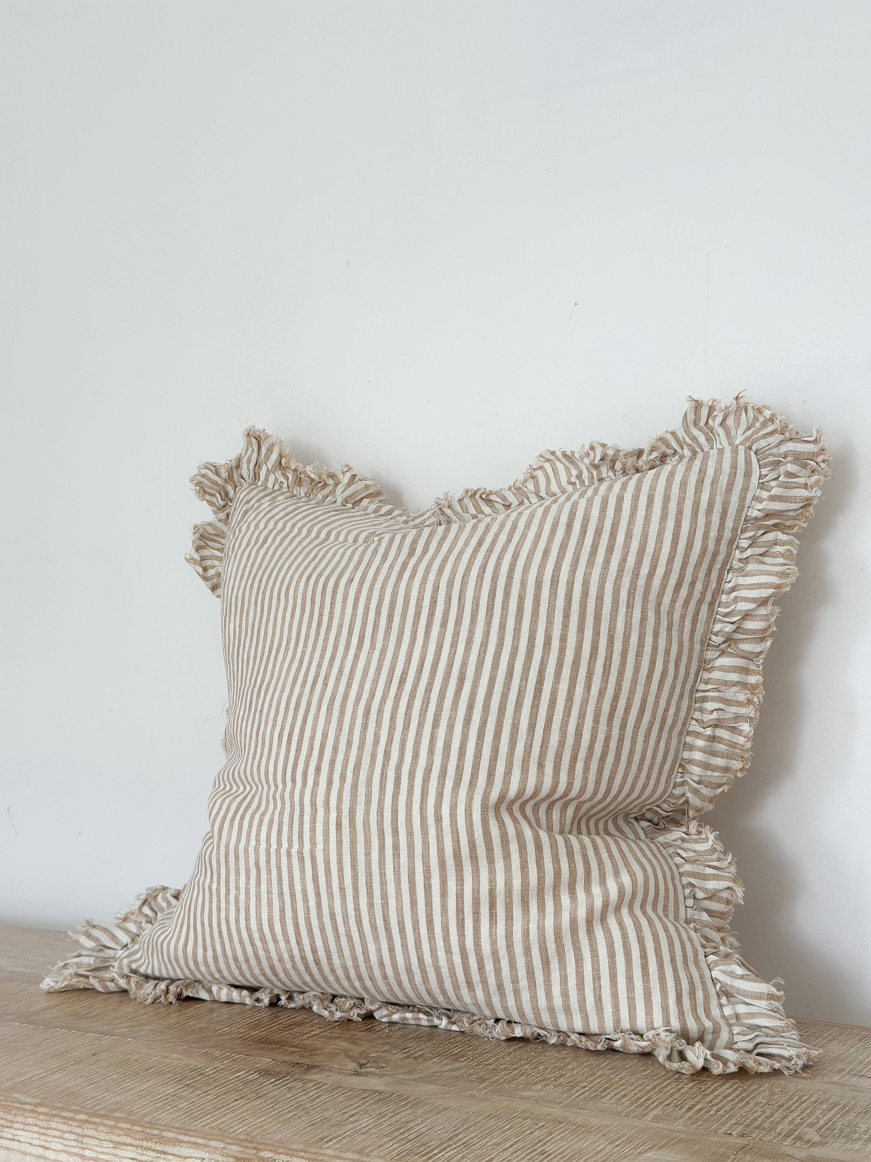 Hallie Ruffle Linen Cushion Cover – Light Brown Stripe for wholesale by Ellenvale Trade