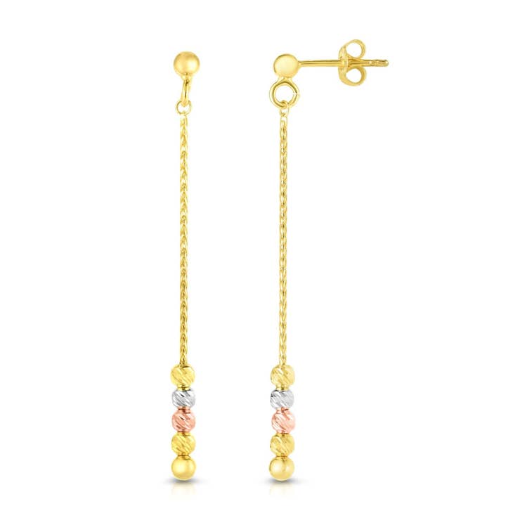 14kt Gold Yellow Finish 2.9x50mm Shiny+Diamond Cut Bead Drop Fancy Earring with Push Back Clasp for wholesale by The Diamond Deal