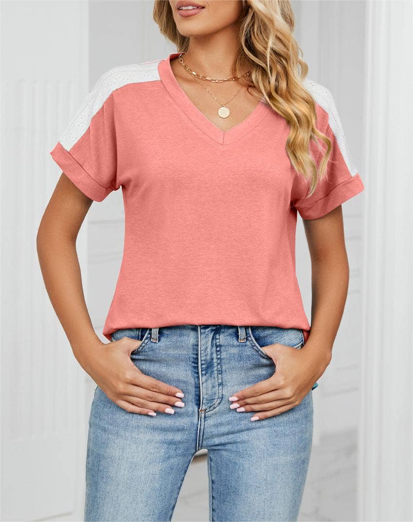 Rosa Clothing - Wholesale T-Shirt - Women's - Stylish contrast color loose short-sleeved t-shirt top7