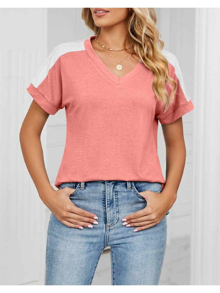 Rosa Clothing - Wholesale T-Shirt - Women's - Stylish contrast color loose short-sleeved t-shirt top7