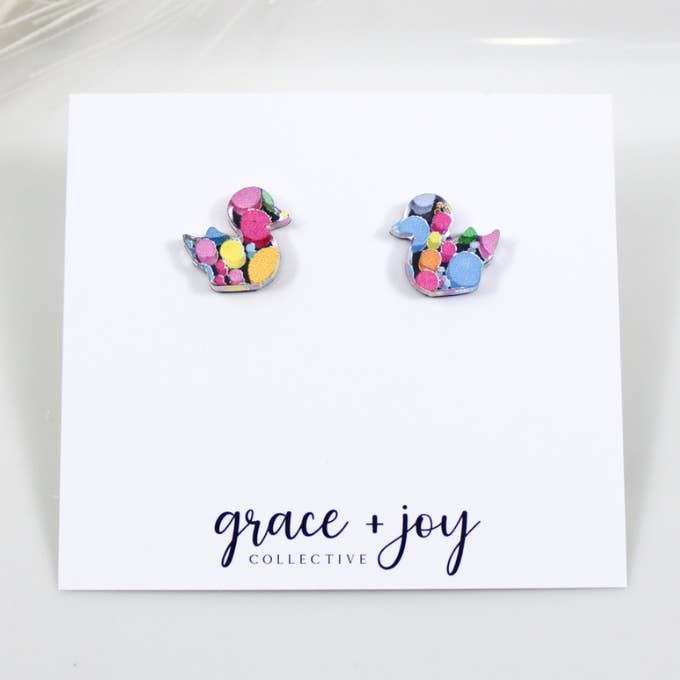 Rubber Duckie Stud Earring, Acrylic Earrings for wholesale by Grace + Joy Collective