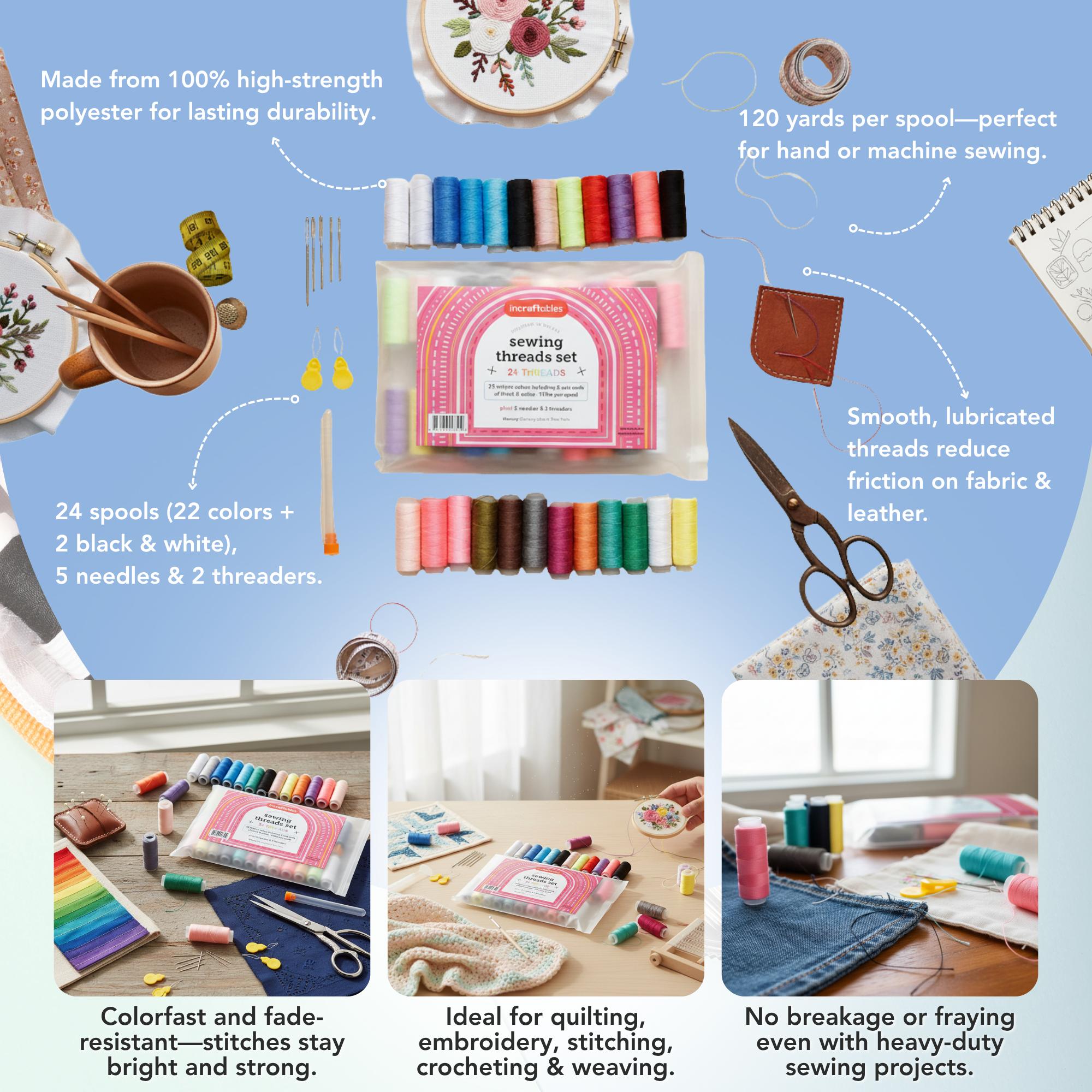 Incraftables - Wholesale DIY Craft Kit - Kids - Incraftables Sewing Thread Assortment – 24 Pcs2