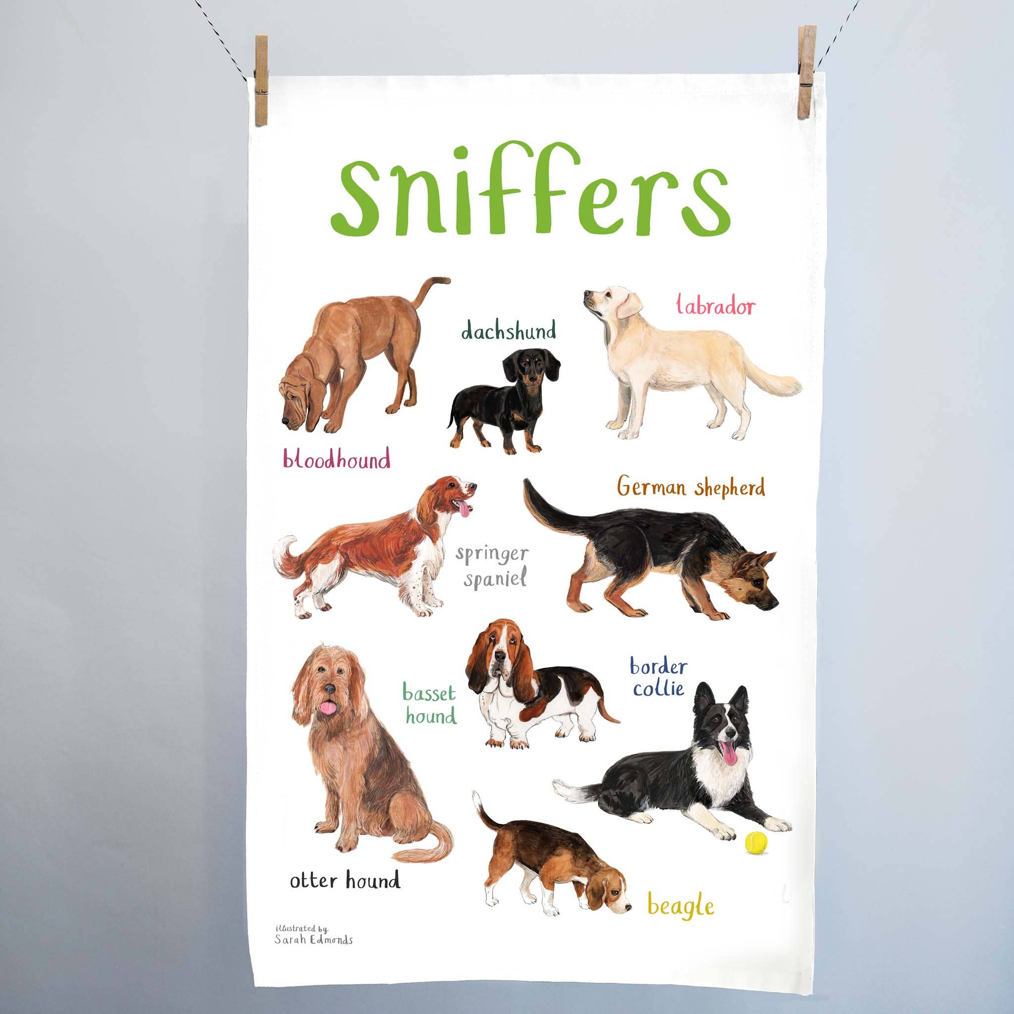 Sarah Edmonds Illustration – wholesale Tea towel – Sniffers Dog Cotton Tea Towel2