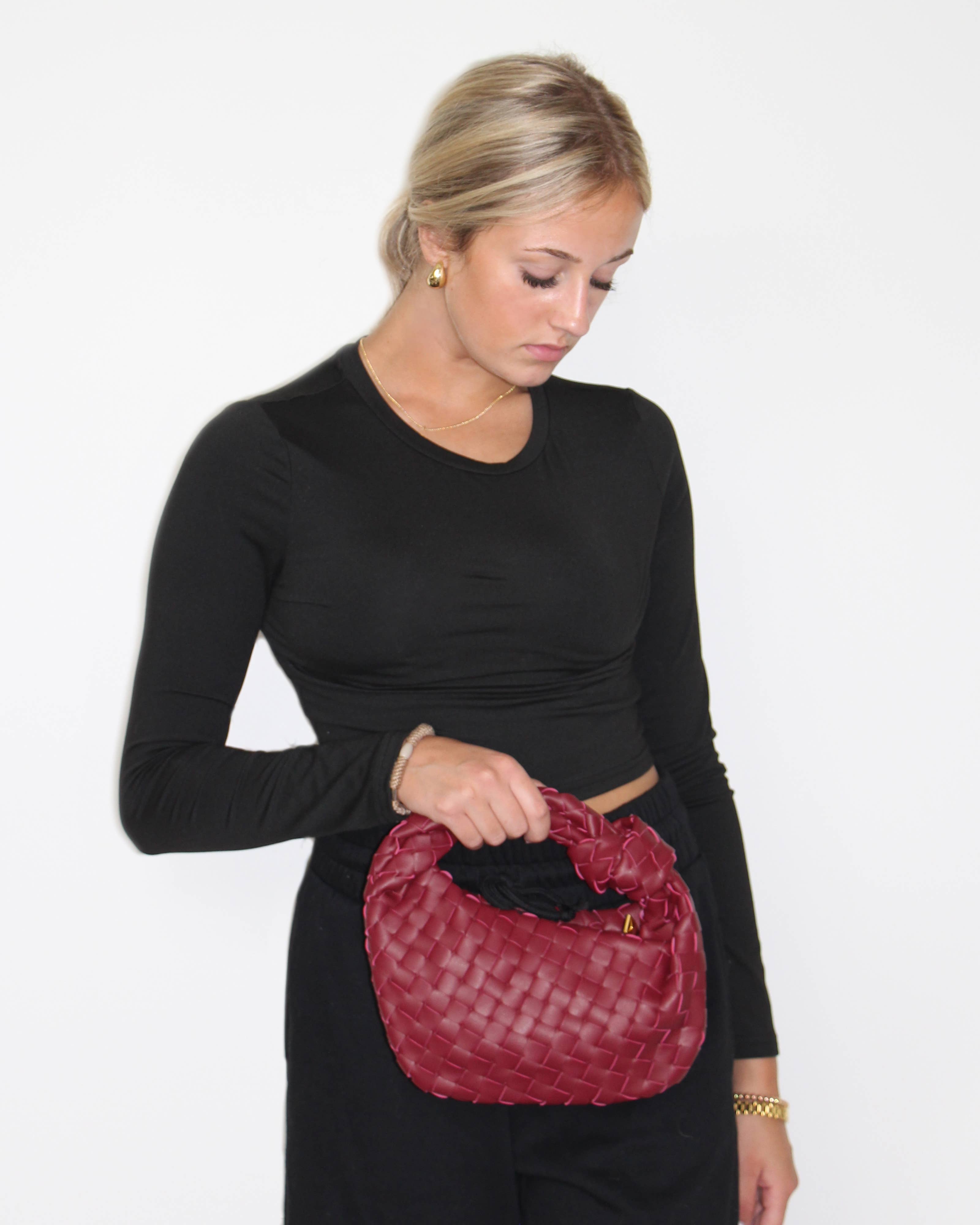 Lemonbella - Wholesale Shoulder Bag - Women's - Ava Woven Knotted Handbag Burgundy-CLOSEOUT DEAL!!1