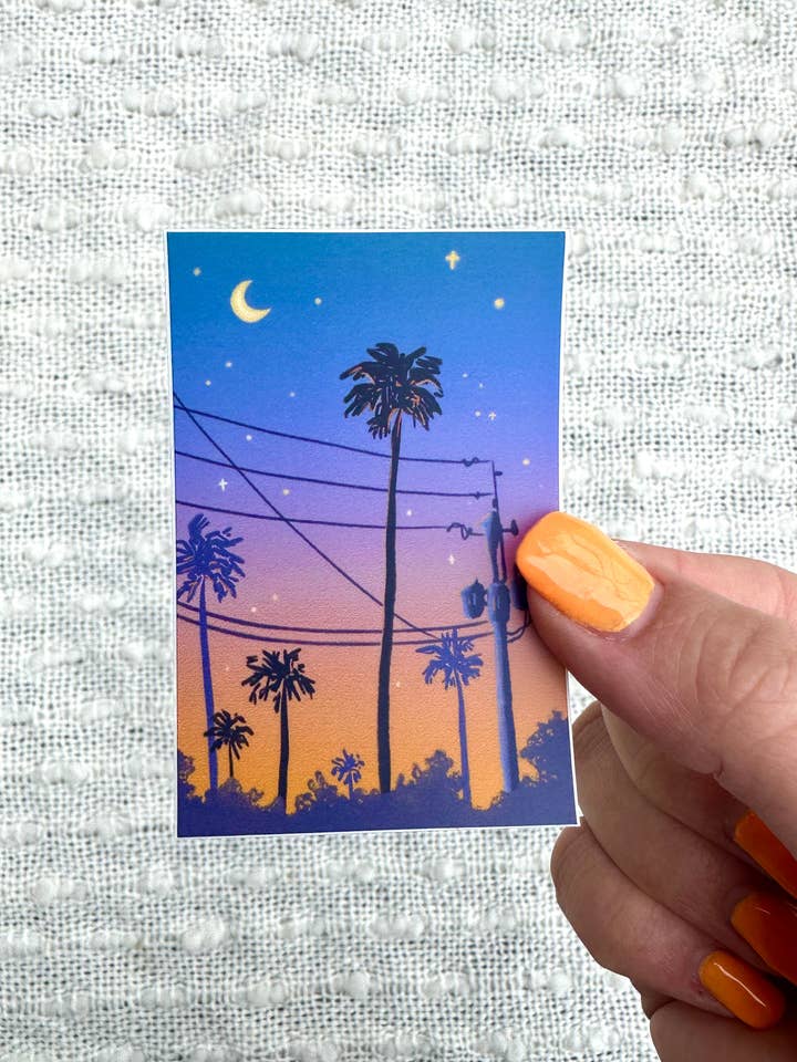 Sticker voor tropische zonsondergang met palmboomwaterfles, laptopsticker voor wholesale door liadelyonart