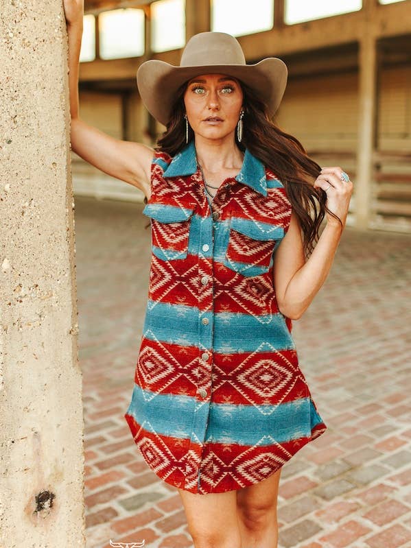Deep Red Jade Aztec Wool Blend Button Down Sleeveless Shacke for wholesale by LUCKY & BLESSED