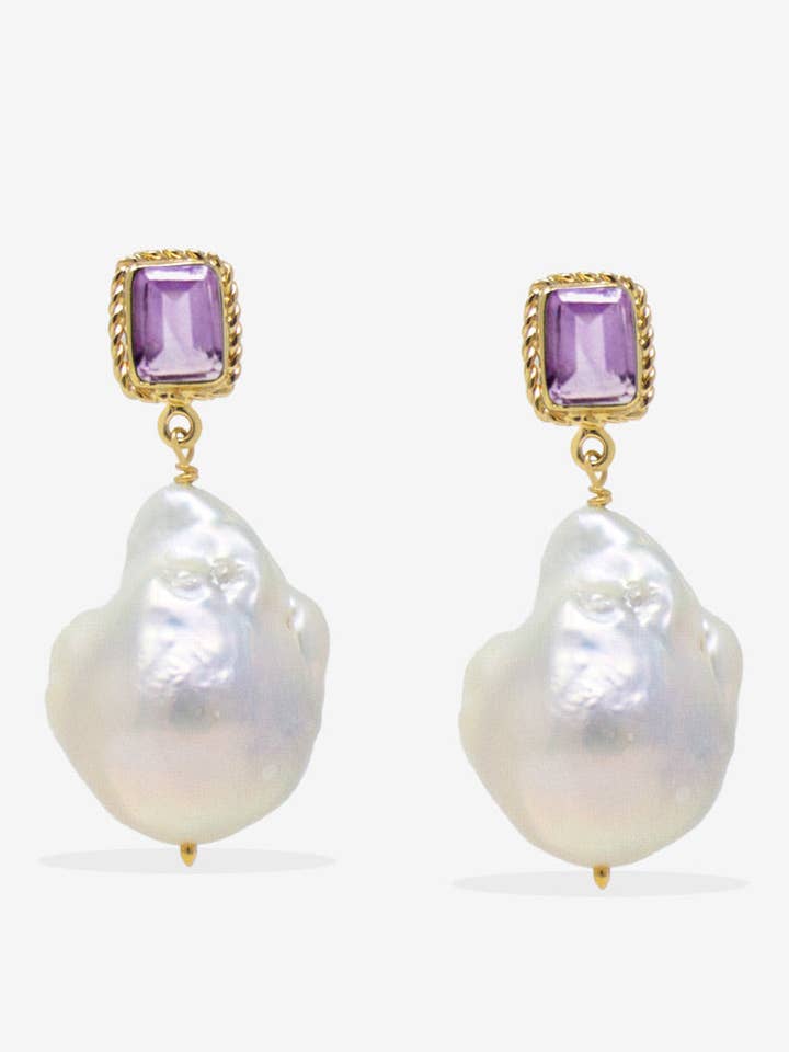 Luccichio Amethyst And Baroque Pearl Earrings for wholesale by Vintouch Jewels