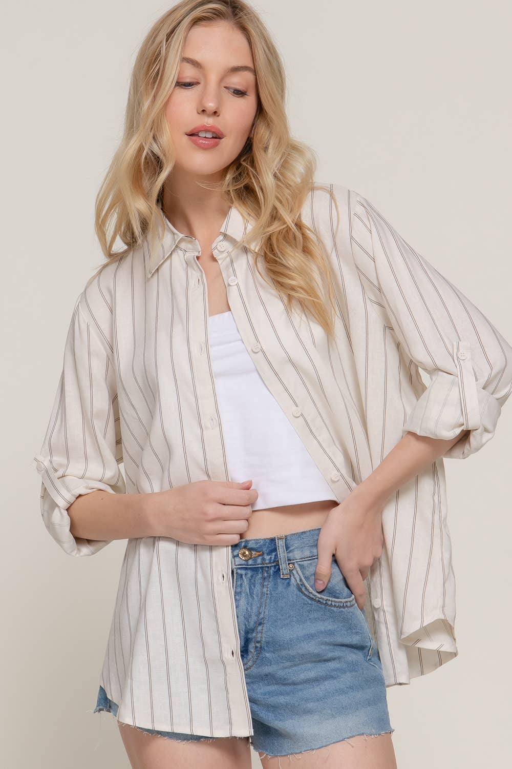 Active Basic | Active USA - Wholesale Button Down Shirt - Women's - Long Sleeve Button Down Stripe Linen Oversized Shirt14
