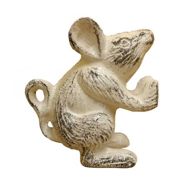 Whitewashed Cast Iron Mouse Door Stopper 5" for wholesale by Hampton Nautical