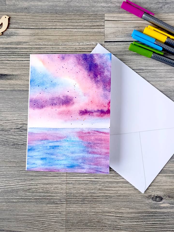 Hälsningskort – Sunset Beach – handmålat akvarellmotiv för wholesale av Christina Jenne Art and Design